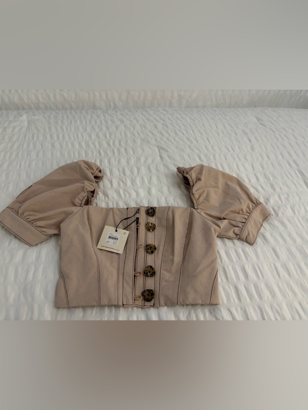 Beige Puff-Sleeve Crop Top with Tortoiseshell Buttons